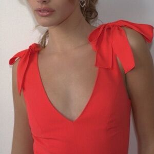 Amanda Uprichard Red Allora Dress Jumpsuit V-neck Petite Fitted Bodice Wide Leg